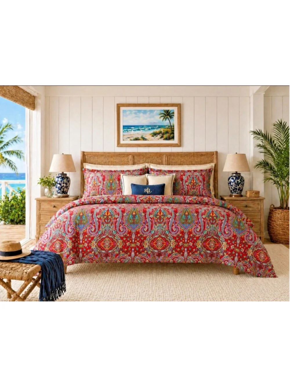 Ralph Lauren Full Queen Paisley Duvet Cover Red Beach Cottage Coastal Cotton